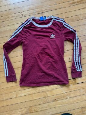 adidas Burgundy Long-Sleeve Three-Stripe Crew Top